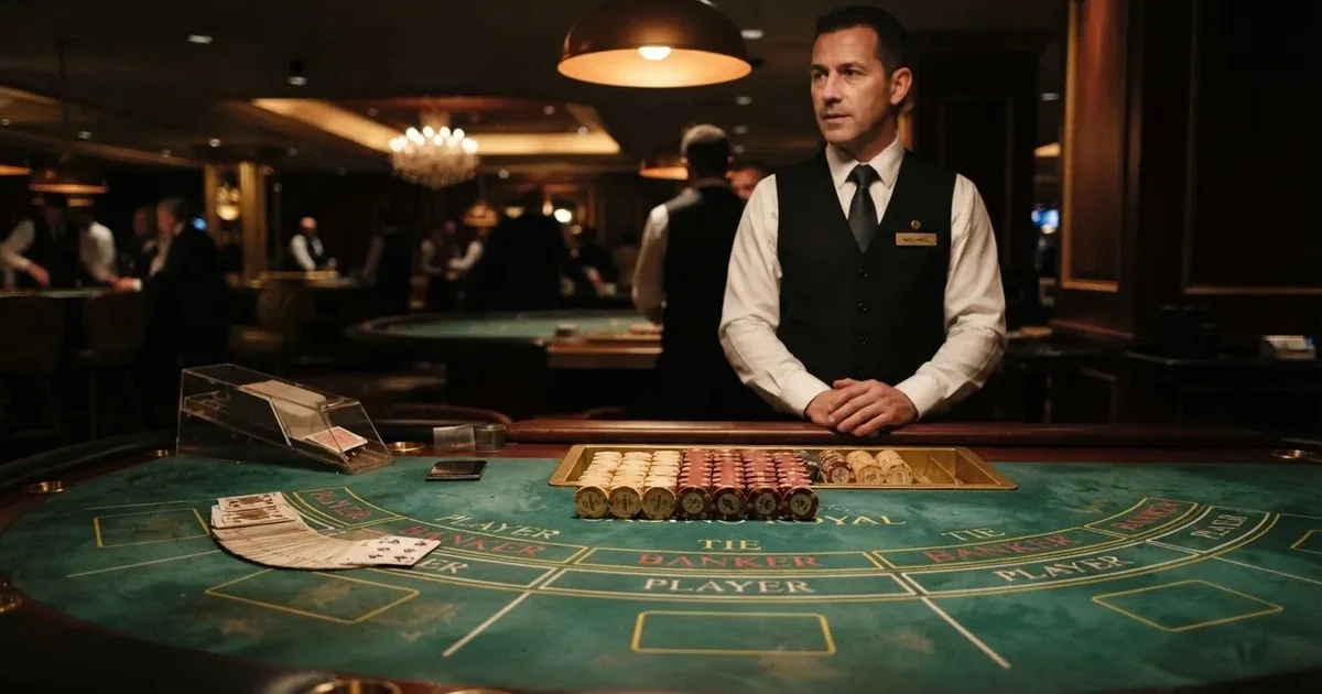 Elegantan stol za baccarat u casinu, zeleno sukno, špil karata, žetoni i djelitelj u prsluku, prigušena rasvjeta.