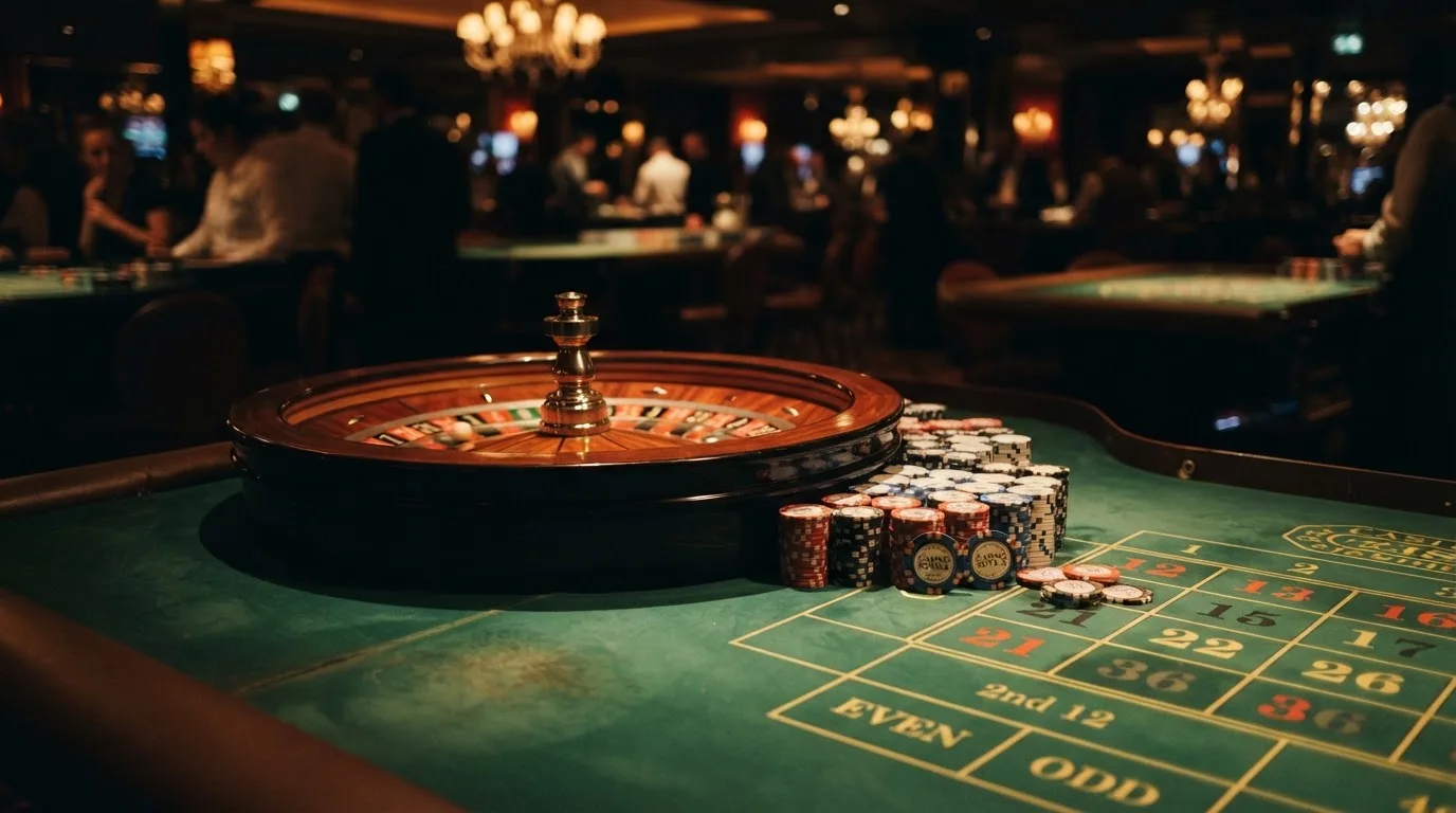 Kotač ruleta i žetoni na zelenom suknu pod toplim večernjim svjetlom — besplatni casina u hrvatskoj