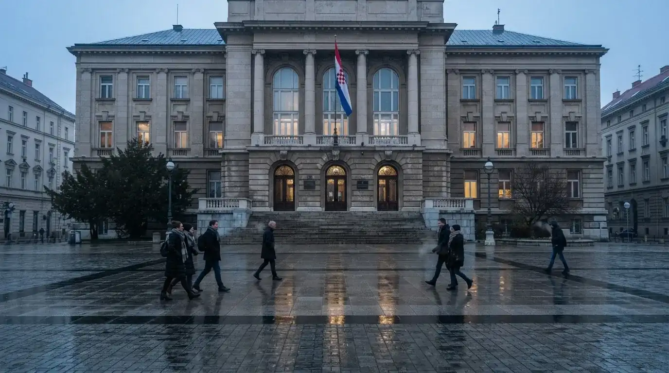 Trg ispred državne zgrade s hrvatskom zastavom, ljudi prolaze u zimskim kaputima, hladno jutarnje svjetlo.