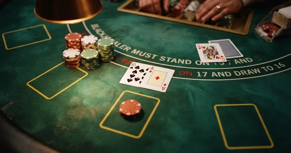 Osvijetljen stol za igru s kartama, snimljen odozgo — blackjack casina u hrvatskoj