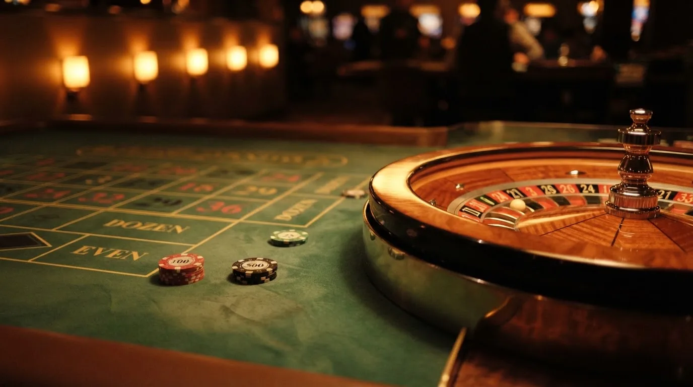 Kotač ruleta i žetoni na zelenom suknu pod toplim večernjim svjetlom — blackjack casina u hrvatskoj