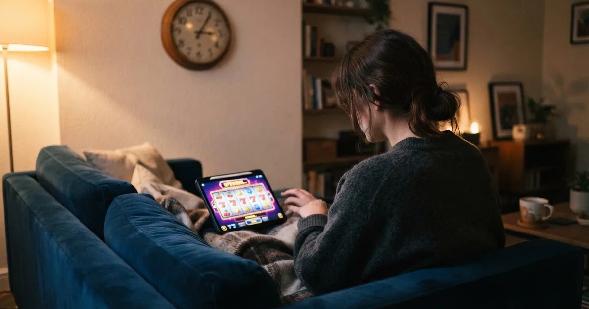 Osoba na kauču zamišljeno gleda tablet, a iza nje je sat na zidu — bonusi bez depozita u kasinu