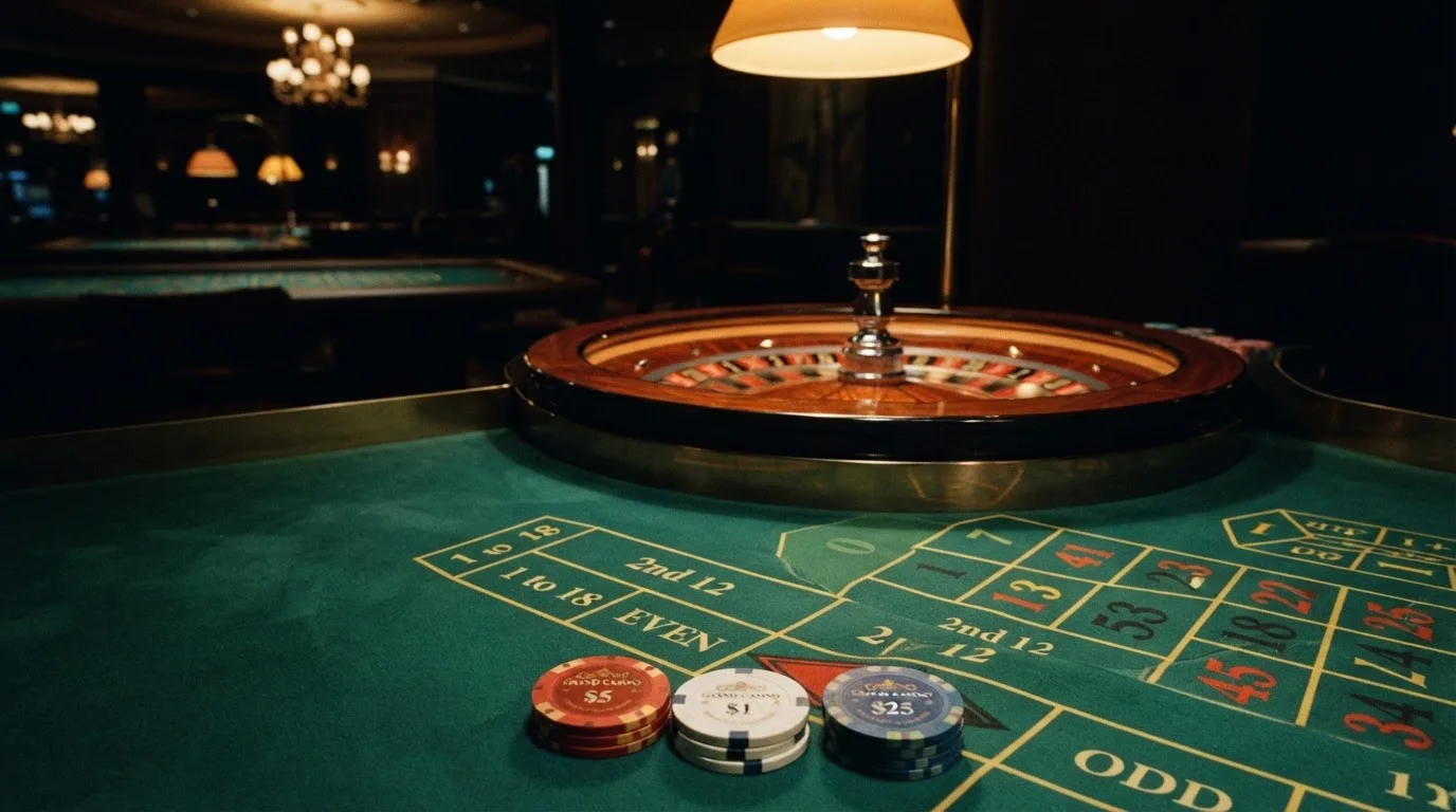 Kotač ruleta i žetoni na zelenom suknu pod toplim večernjim svjetlom — bonusi bez depozita u kasinu