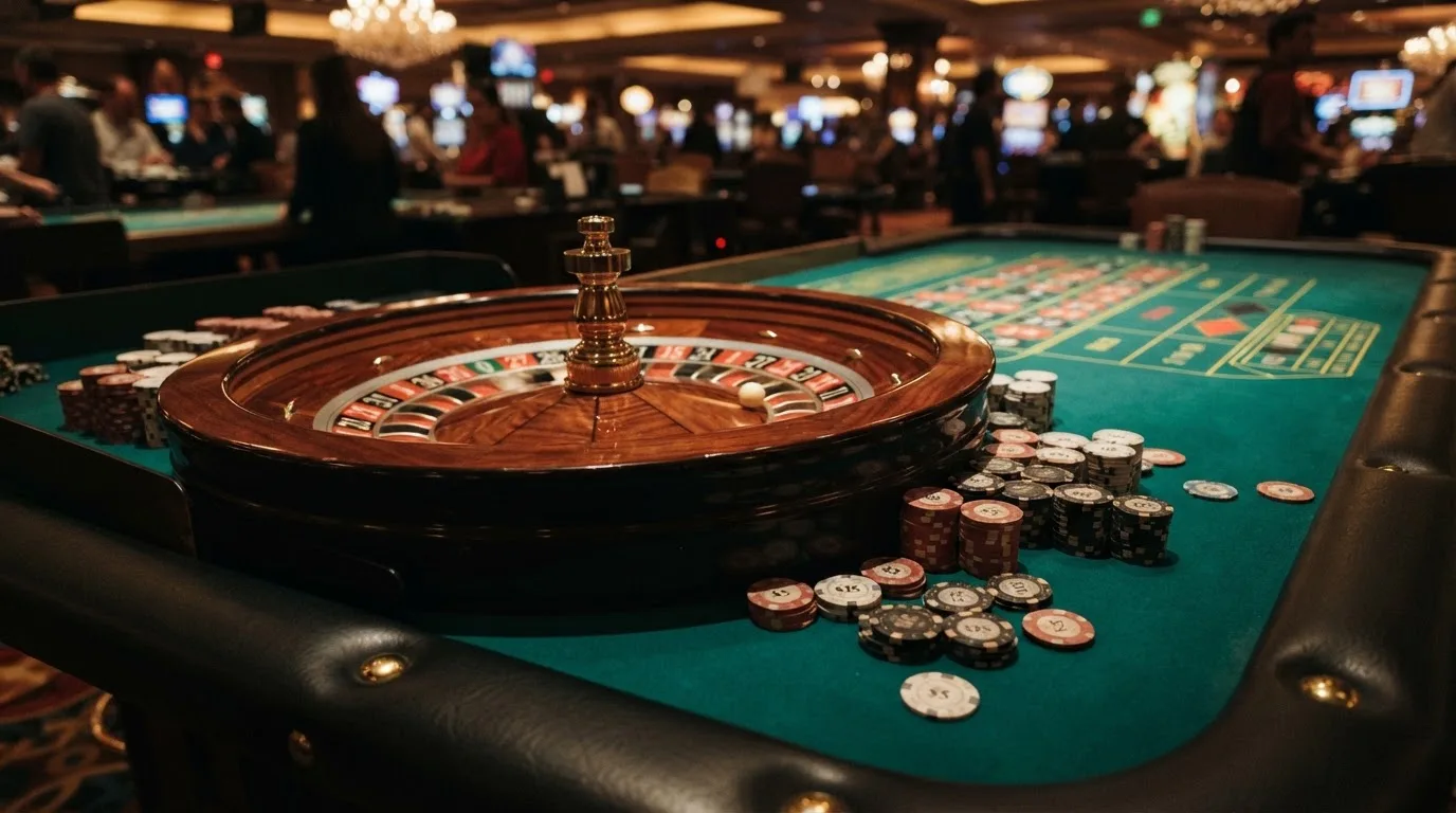 Kotač ruleta i žetoni na zelenom suknu pod toplim večernjim svjetlom — casina za android u hrvatskoj