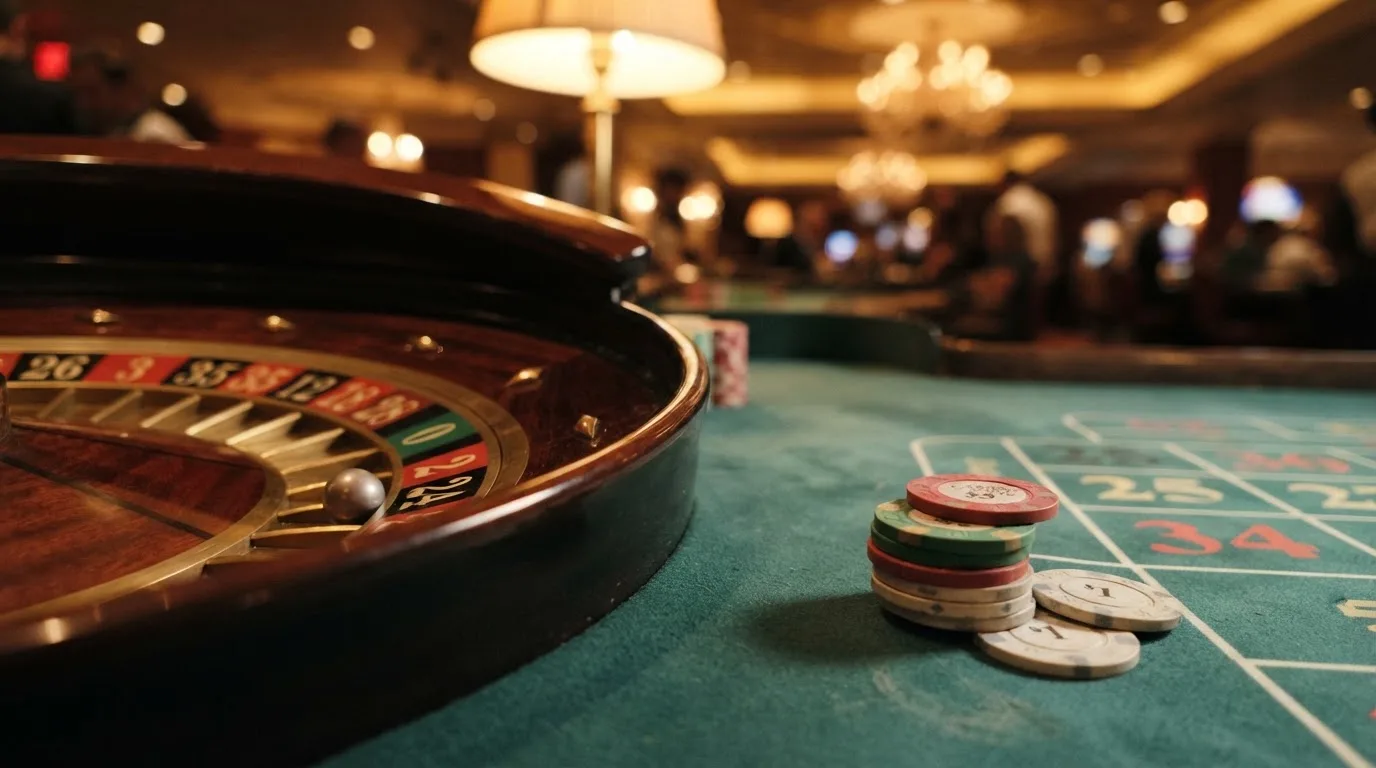 Kotač ruleta i žetoni na zelenom suknu pod toplim večernjim svjetlom — casino aparati u hrvatskoj