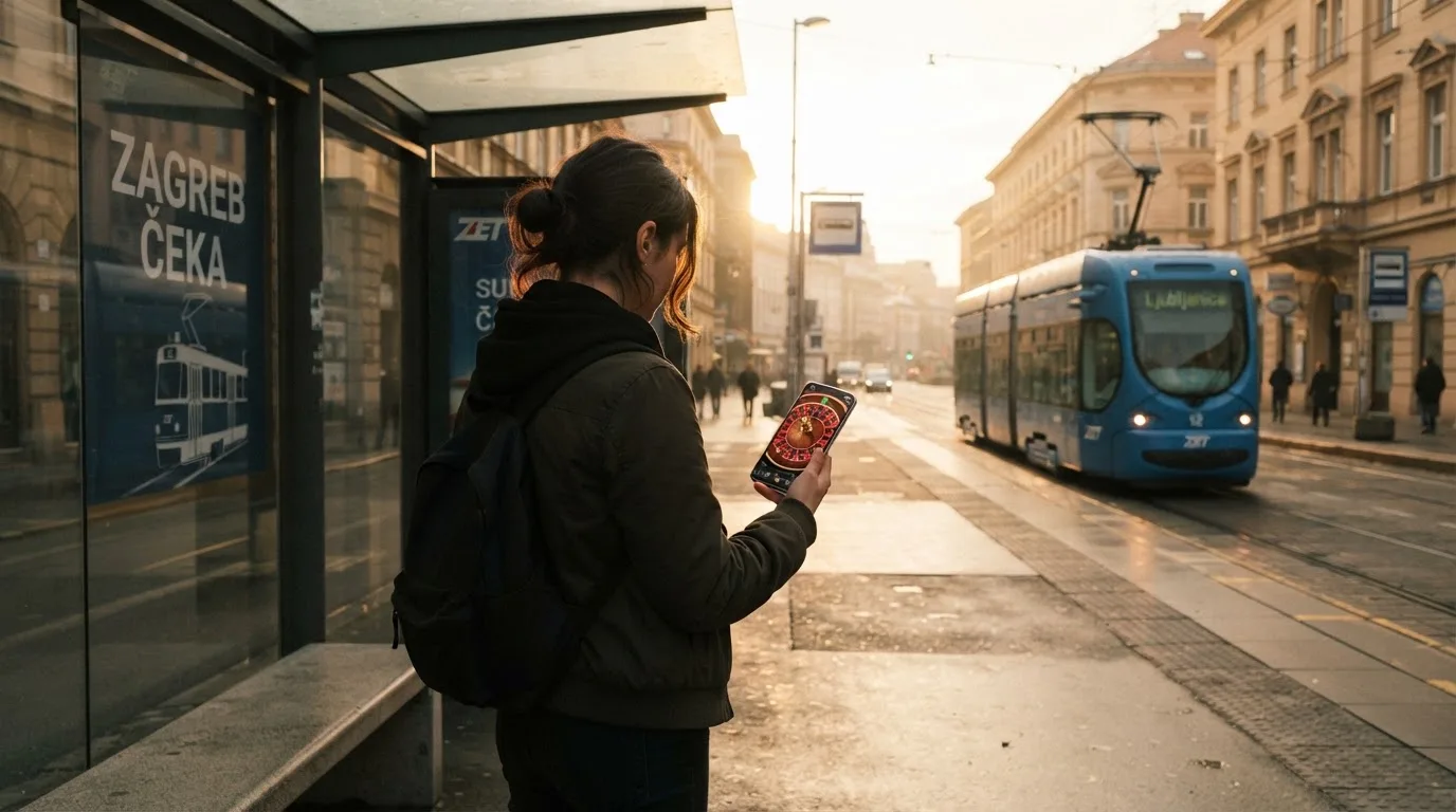 Osoba na autobusnoj stanici u Zagrebu čeka autobus i drži mobitel u ruci, kasno poslijepodne.