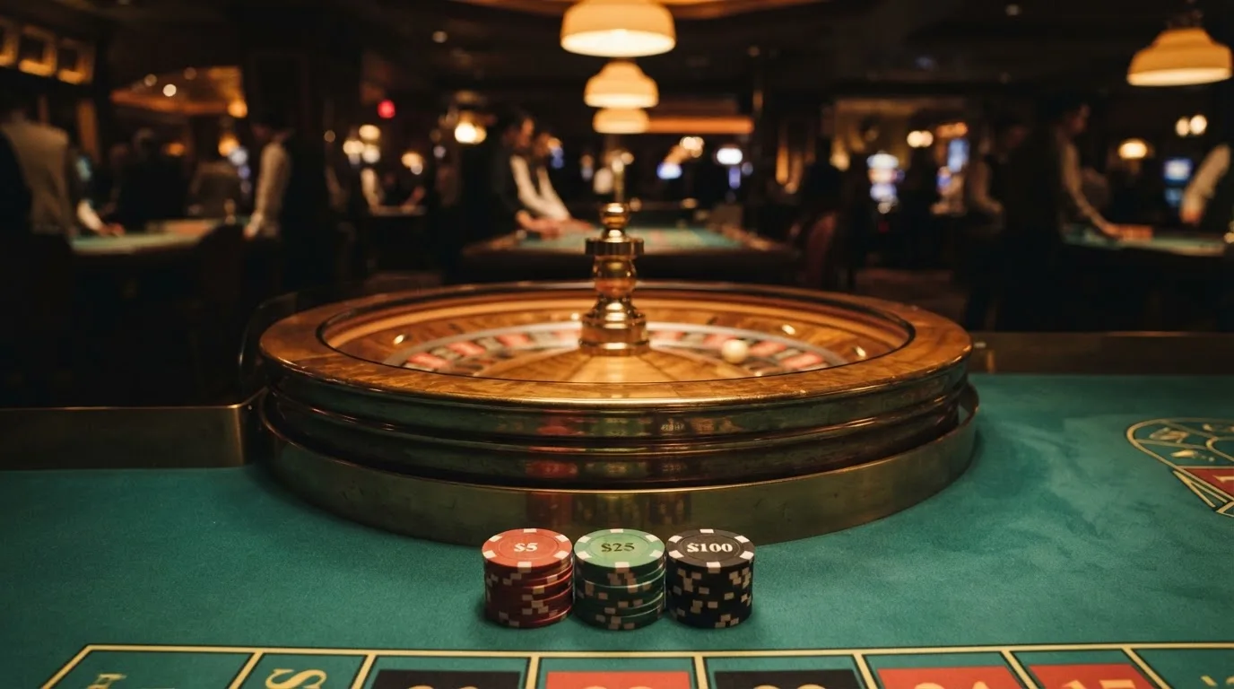 Kotač ruleta i žetoni na zelenom suknu pod toplim večernjim svjetlom — casino bez registracije u hrvatskoj