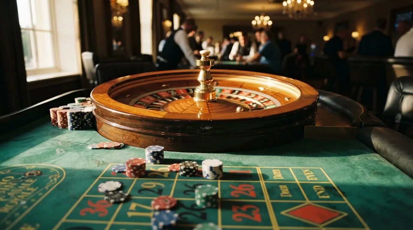 Kotač ruleta i žetoni na zelenom suknu pod toplim večernjim svjetlom — casino igre u hrvatskoj