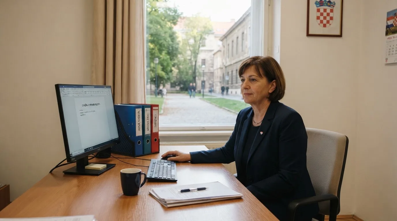 Službenik u uredu za stolom s računalom i stalkom registratora, prozor s pogledom na dvorište, miran radni ambijent.