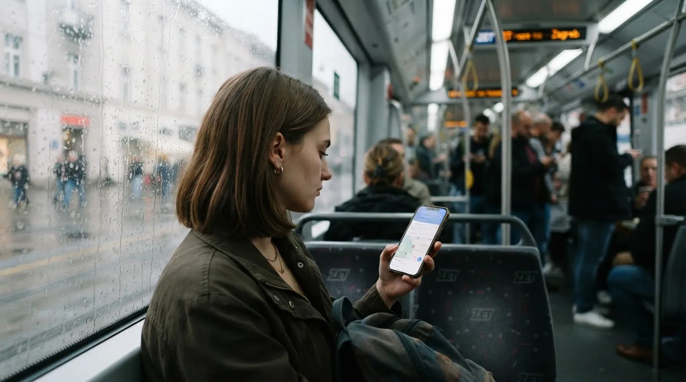 Žena u zagrebačkom tramvaju drži pametni telefon, putnici u pozadini zamućeni, dnevno svjetlo kroz prozore.