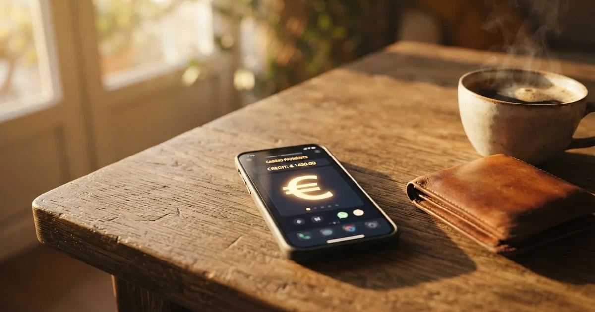 Mobitel na drvenom stolu pokraj novčanika i šalice kave — casino s apple pay u hrvatskoj