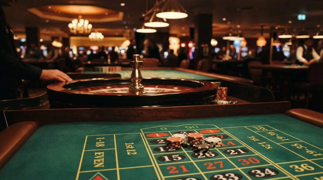 Kotač ruleta i žetoni na zelenom suknu pod toplim večernjim svjetlom — casino s apple pay u hrvatskoj