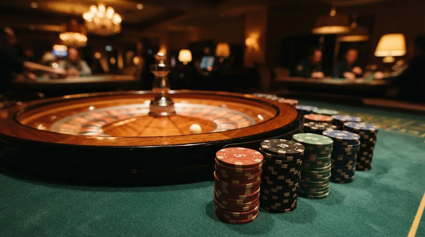 Kotač ruleta i žetoni na zelenom suknu pod toplim večernjim svjetlom — casino s bankovnim transferima