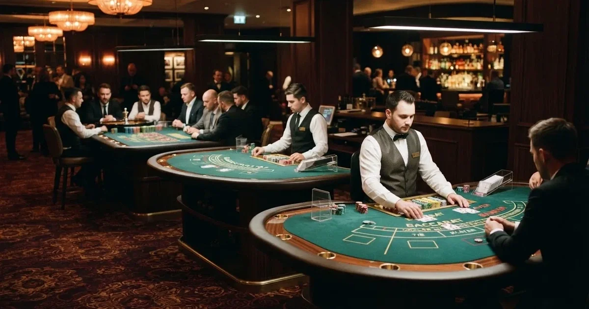 Tri različita stola za igru jedan uz drugi u mirnoj, toplo osvijetljenoj dvorani — casino stranice u hrvatskoj
