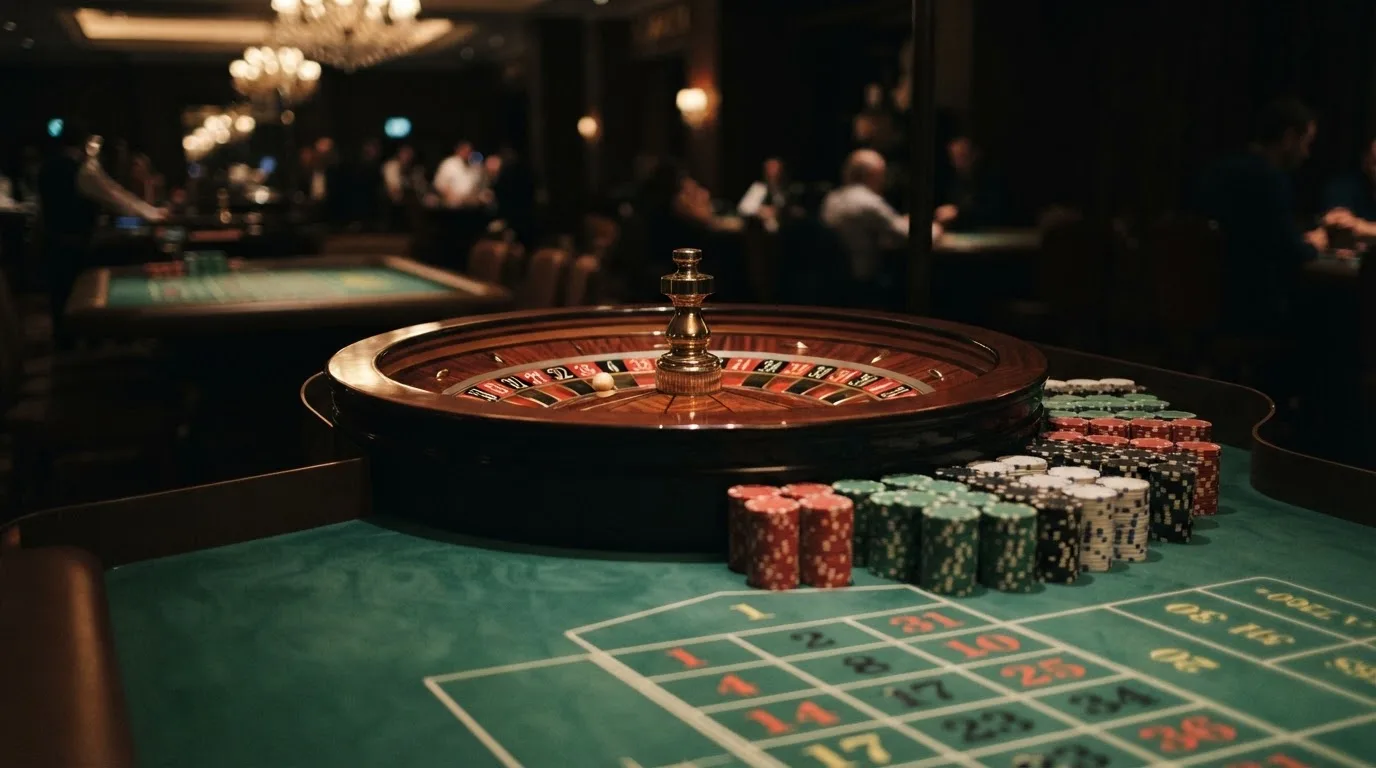 Kotač ruleta i žetoni na zelenom suknu pod toplim večernjim svjetlom — casino stranice u hrvatskoj
