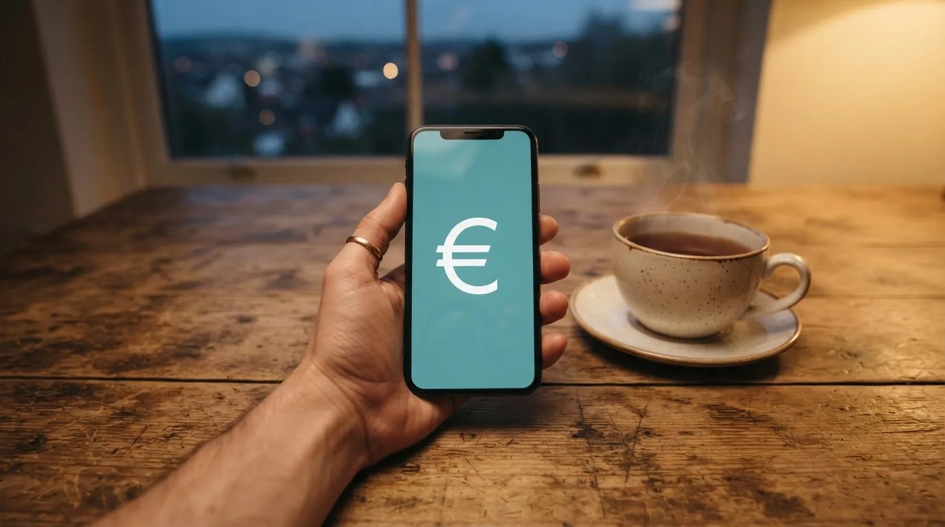 Ruka drži mobitel pokraj šalice čaja na kuhinjskom stolu u mirnu večer — cro casino u hrvatskoj