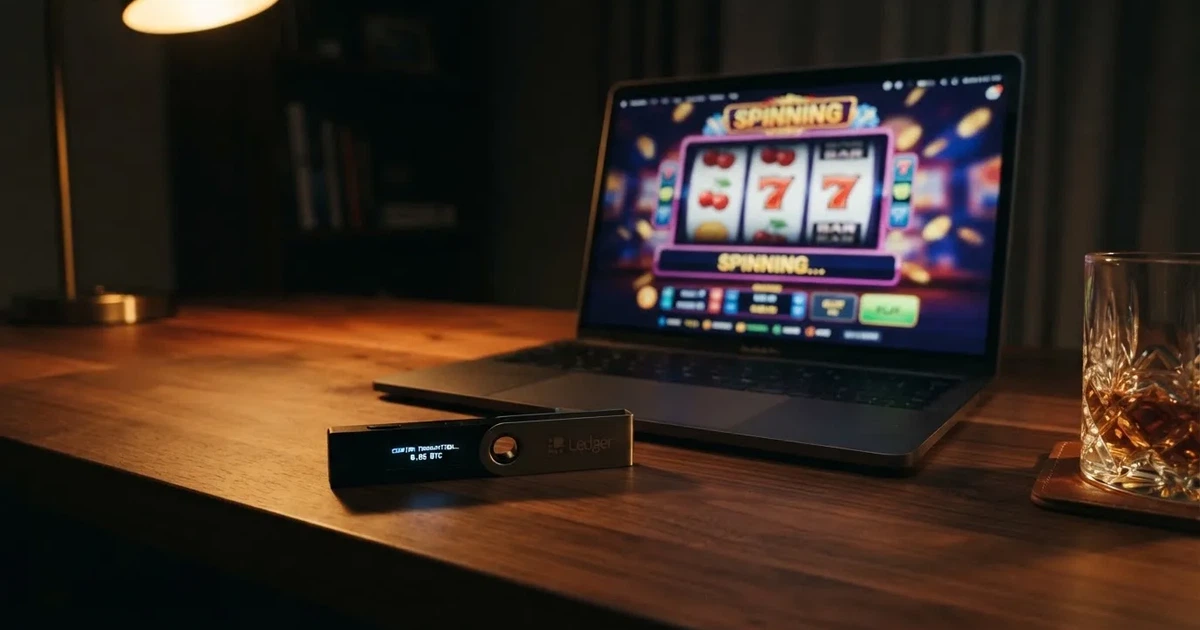 Hardverski novčanik i prijenosno računalo na stolu pod prigušenim svjetlom — ethereum casino u hrvatskoj