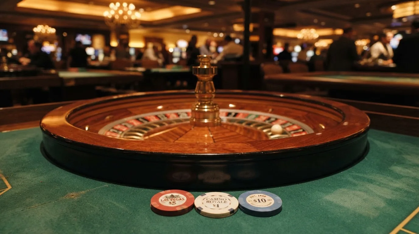 Kotač ruleta i žetoni na zelenom suknu pod toplim večernjim svjetlom — igrati blackjack u hrvatskoj