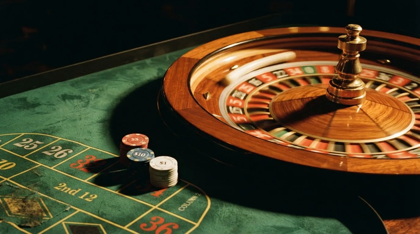 Kotač ruleta i žetoni na zelenom suknu pod toplim večernjim svjetlom — kombinacije za rulet