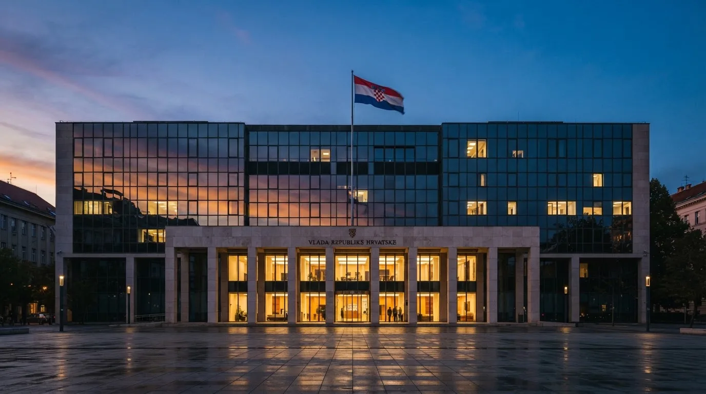 Fasada moderne državne zgrade u Zagrebu s ravnim staklenim pročeljem i hrvatskom zastavom, snimljena u sumrak.