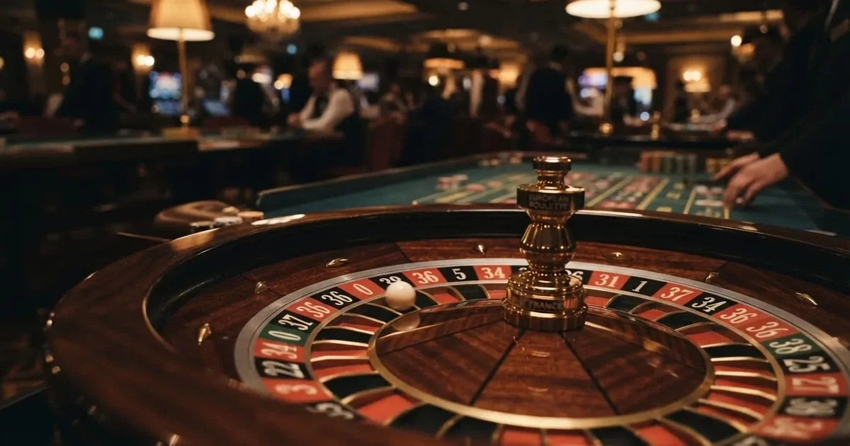 Krupni plan bijele loptice koja se vrti po rubu drvenog kotača ruleta u prigušeno osvijetljenoj dvorani.
