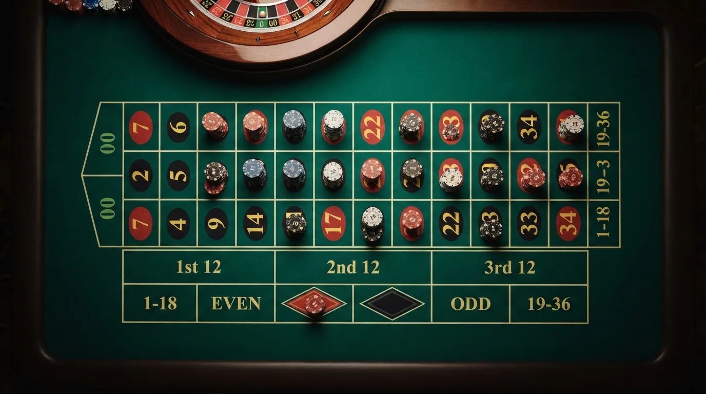 Pogled odozgo na zeleno sukno ruleta sa žetonima različitih boja složenim u male stupce, pod toplim svjetlom.
