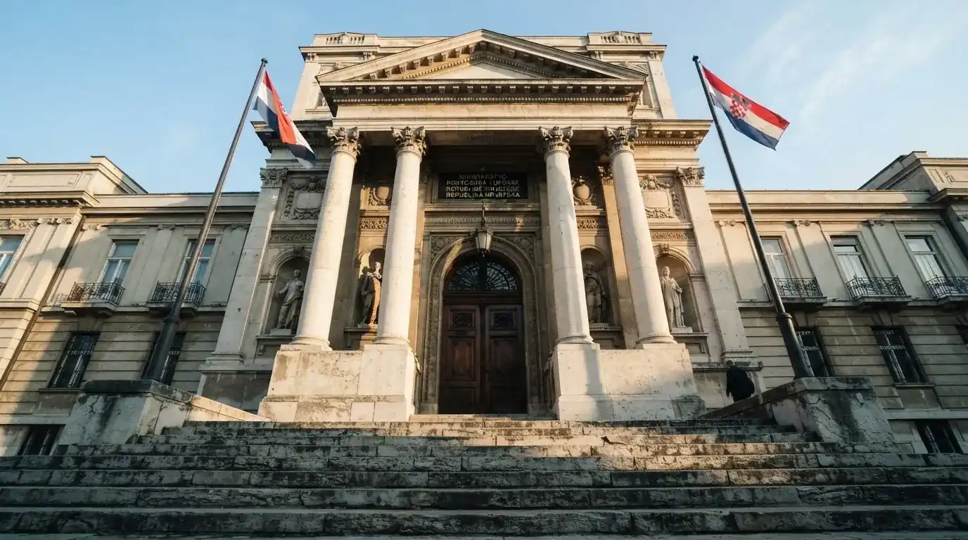 Ulaz u zgradu ministarstva u Zagrebu s kamenim stubama i zastavama, snimljen u jutarnjem svjetlu.