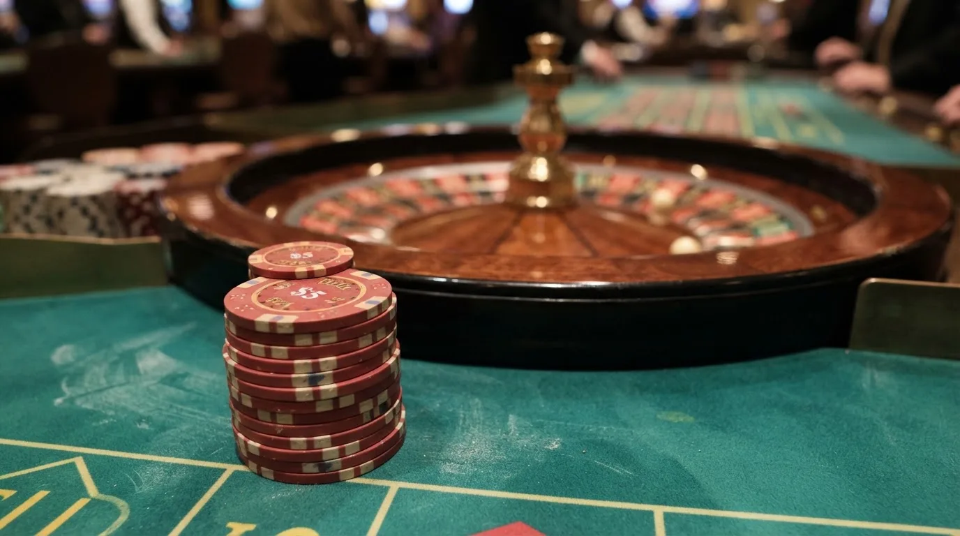 Žetoni naslagani u stupce uz rub zelenog stola, u pozadini zamućen kotač ruleta.
